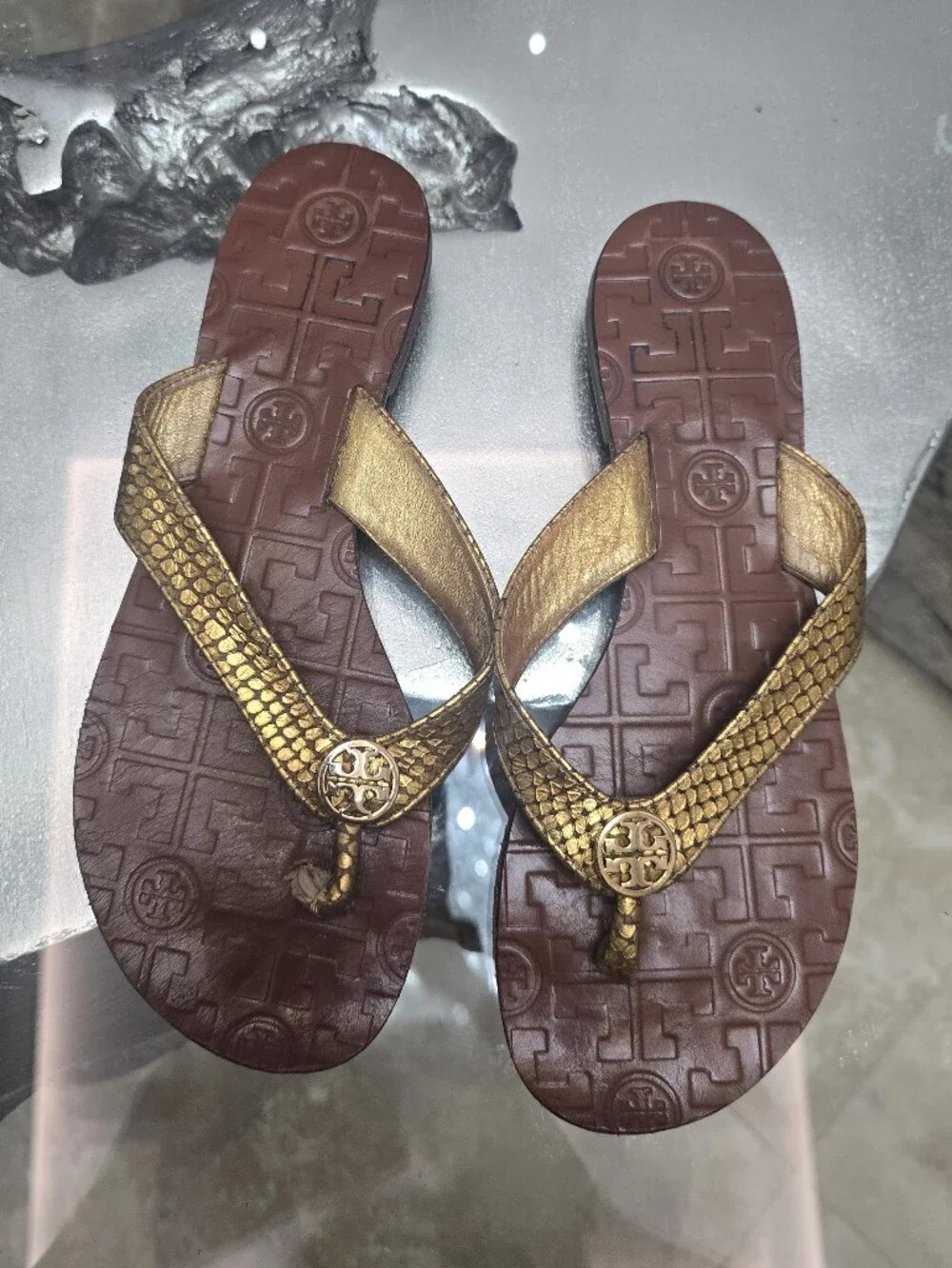 Tory Burch Gold Braided Flip Flop Sandals with Brown Footbed